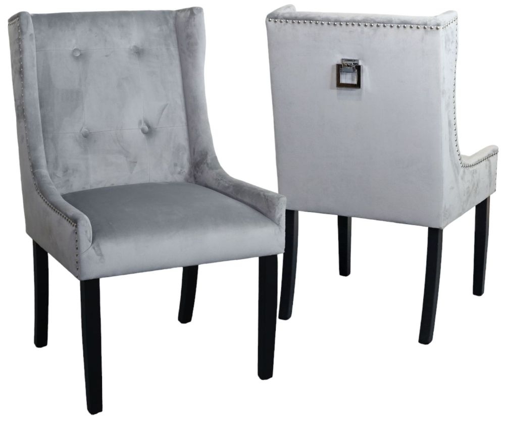 Product photograph of Kimi Square Knocker Back Light Grey Dining Chair Tufted Velvet Fabric Upholstered With Black Wooden Legs from Choice Furniture Superstore.