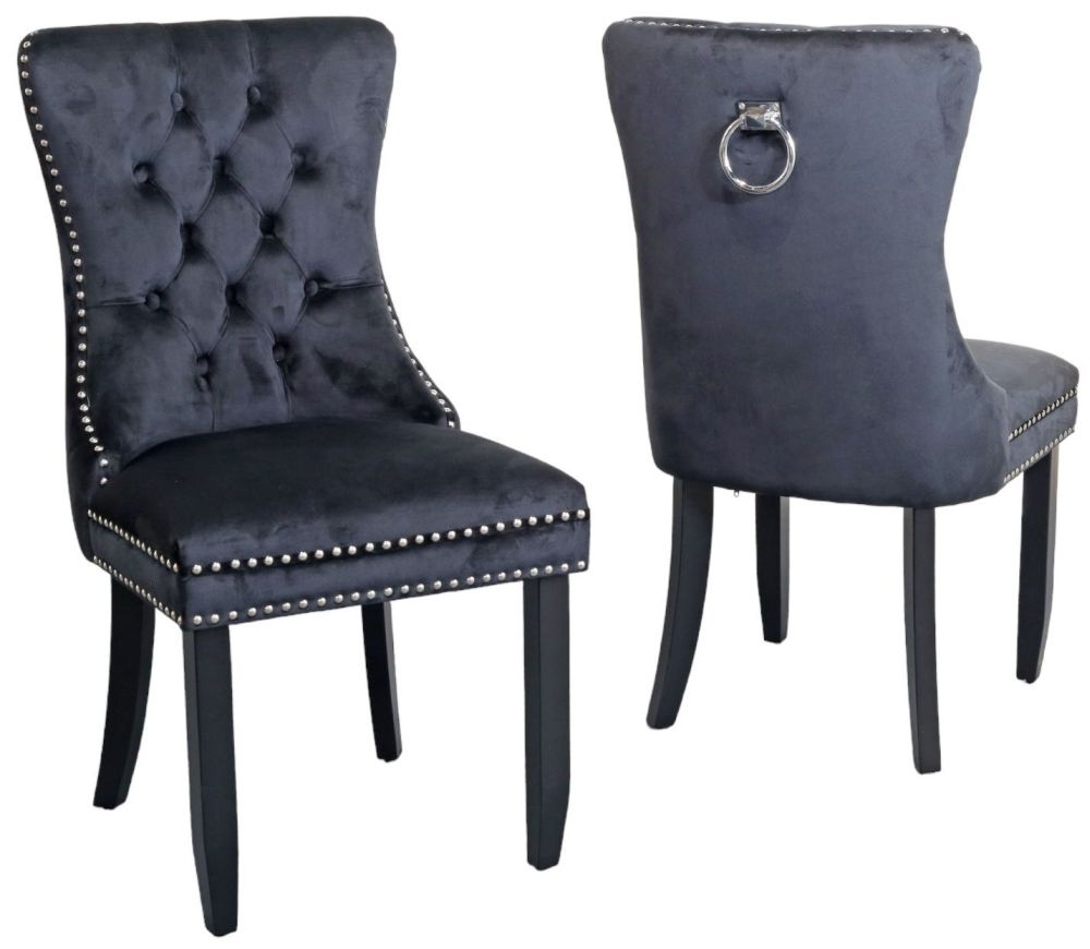 Product photograph of Rivington Knocker Back Black Velvet Fabric Dining Chair With Black Wooden Legs from Choice Furniture Superstore.