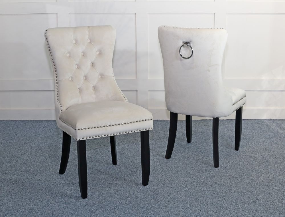 Product photograph of Rivington Knocker Back Champagne Dining Chair Tufted Velvet Fabric Upholstered With Black Wooden Legs from Choice Furniture Superstore.