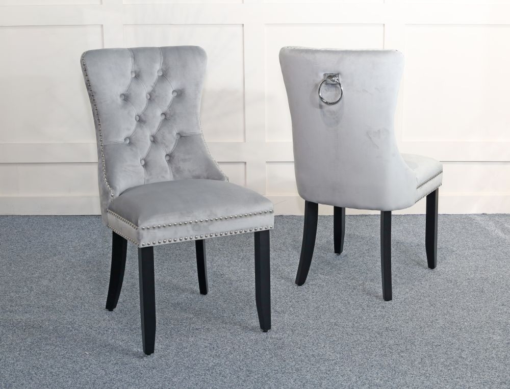 Product photograph of Rivington Knocker Back Light Grey Dining Chair Tufted Velvet Fabric Upholstered With Black Wooden Legs from Choice Furniture Superstore.