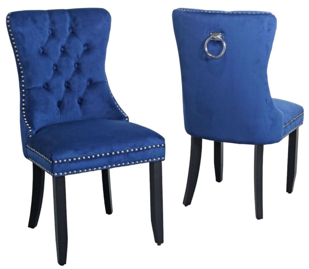 Product photograph of Rivington Knocker Back Blue Dining Chair Tufted Velvet Fabric Upholstered With Black Wooden Legs from Choice Furniture Superstore.