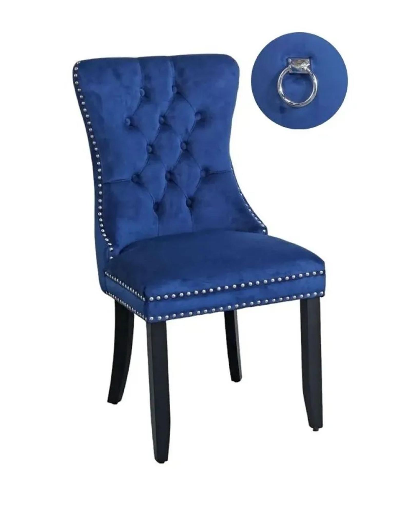 Product photograph of Rivington Knocker Back Blue Velvet Fabric Dining Chair With Black Wooden Legs from Choice Furniture Superstore.