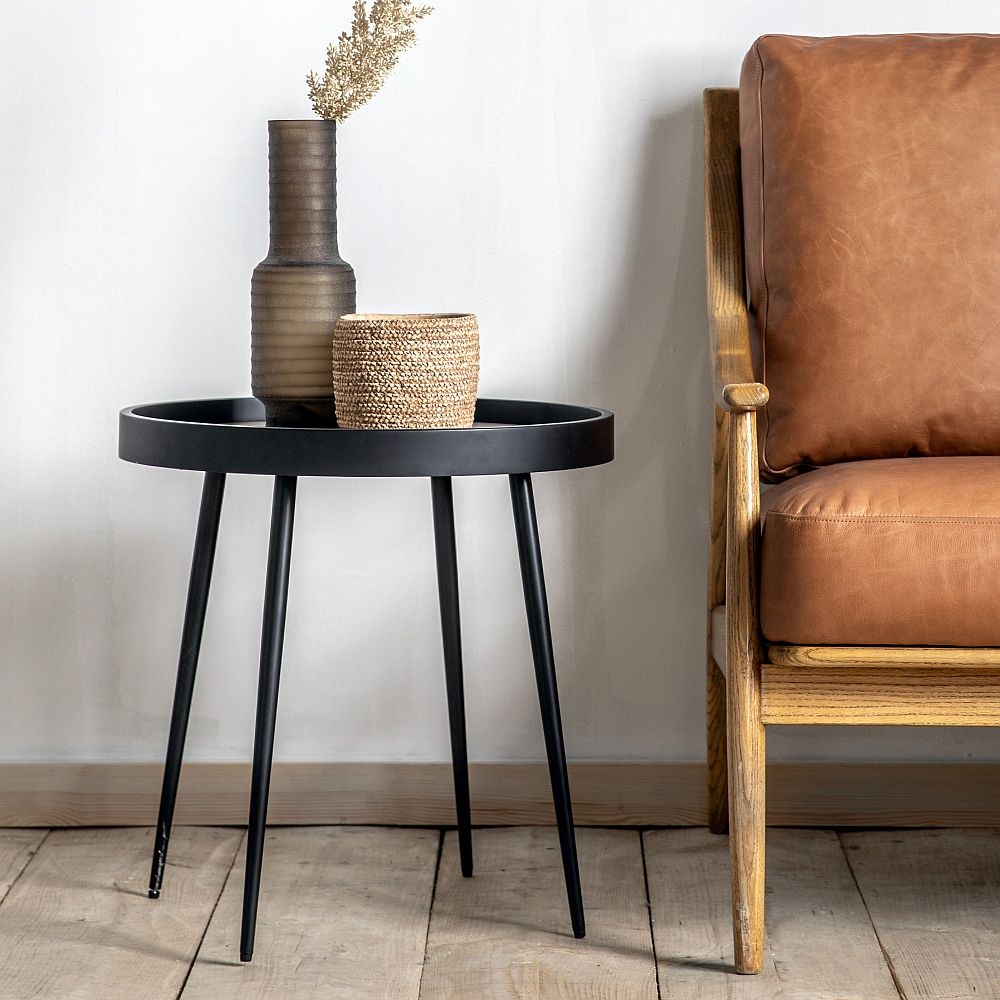 Product photograph of Veda Natural Round Side Table With Black Base from Choice Furniture Superstore.