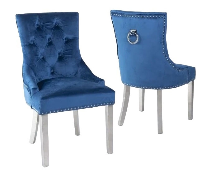 Product photograph of Set Of 4 Knocker Back Blue Velvet Fabric Dining Chair With Chrome Legs from Choice Furniture Superstore.