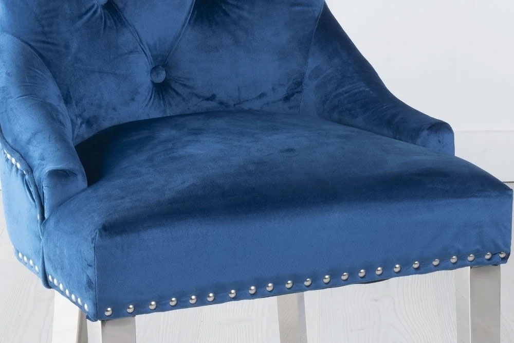 Product photograph of Set Of 4 Knocker Back Blue Velvet Fabric Dining Chair With Chrome Legs from Choice Furniture Superstore.