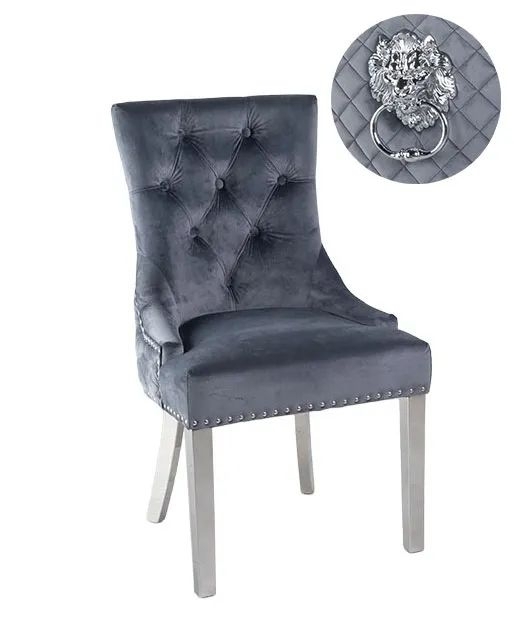 Product photograph of Set Of 4 Lion Knocker Back Grey Velvet Fabric Dining Chair With Chrome Legs from Choice Furniture Superstore.