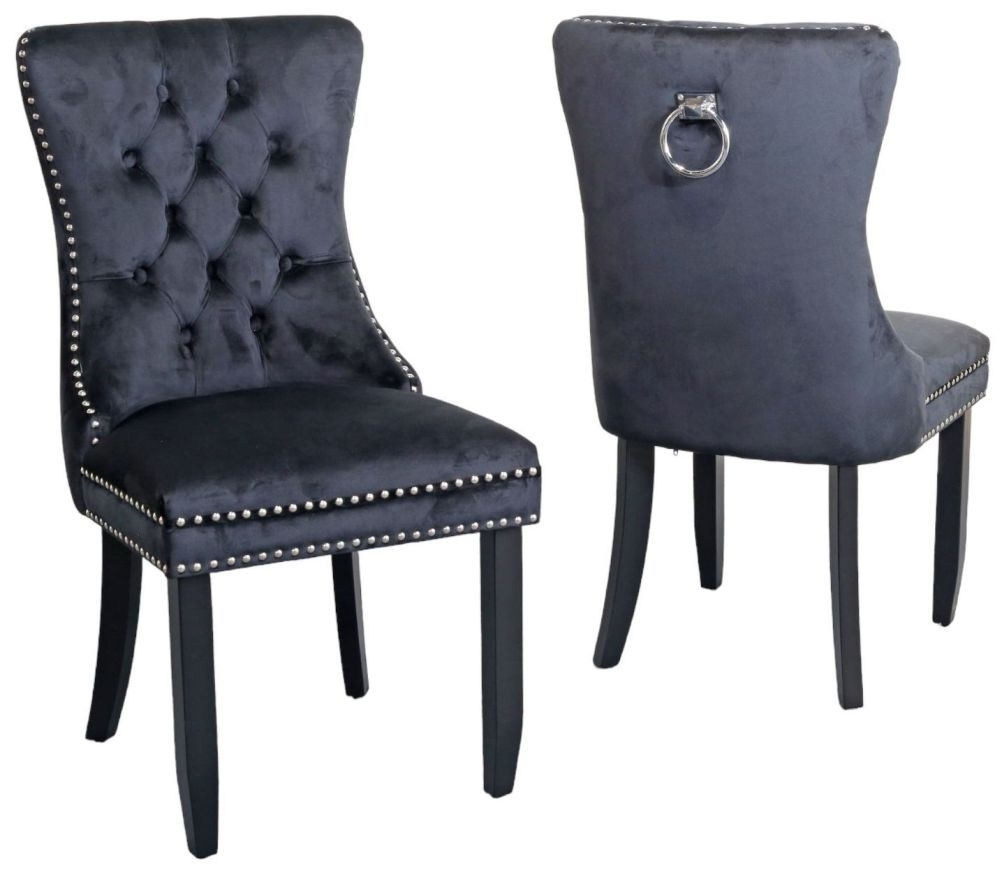 Product photograph of 6 X Rivington Knocker Back Black Velvet Fabric Dining Chair With Black Wooden Legs from Choice Furniture Superstore.