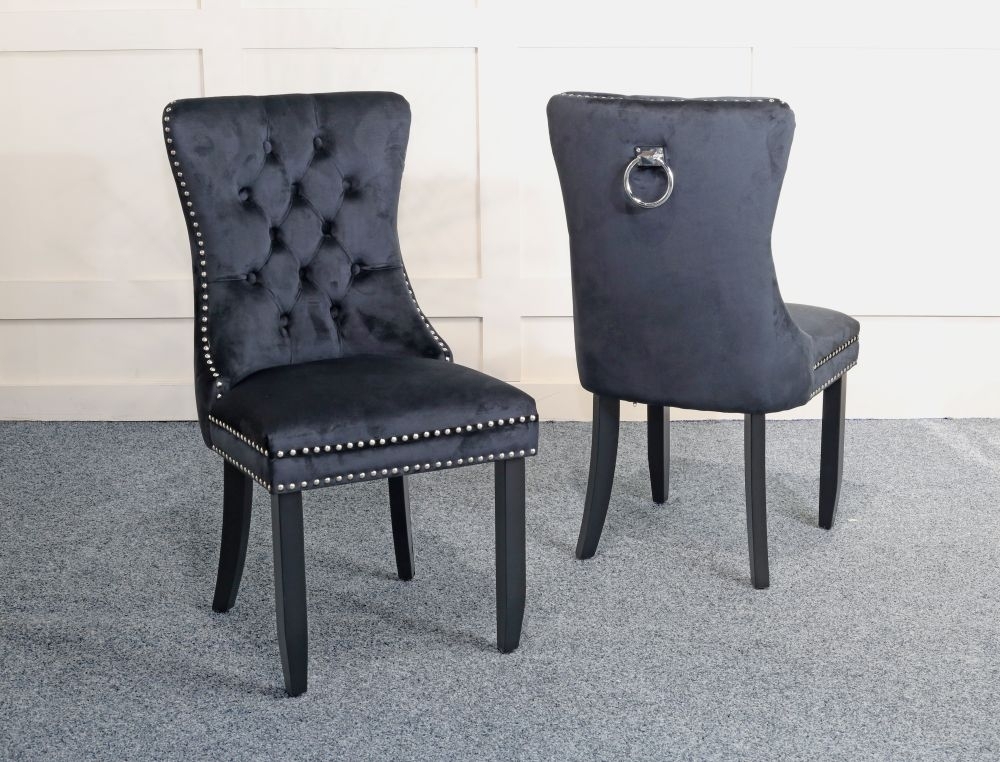 Product photograph of 6 X Rivington Knocker Back Black Velvet Fabric Dining Chair With Black Wooden Legs from Choice Furniture Superstore.