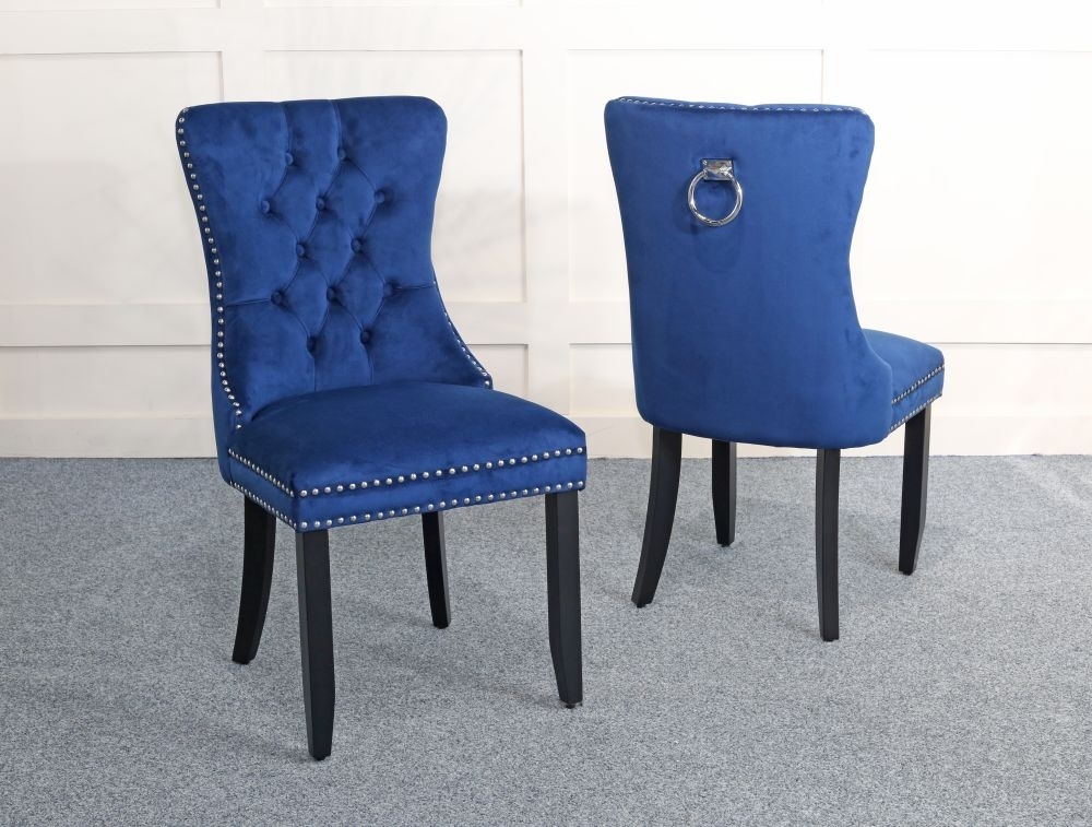 Product photograph of Set Of 6 Rivington Knocker Back Blue Velvet Fabric Dining Chair With Black Wooden Legs from Choice Furniture Superstore.