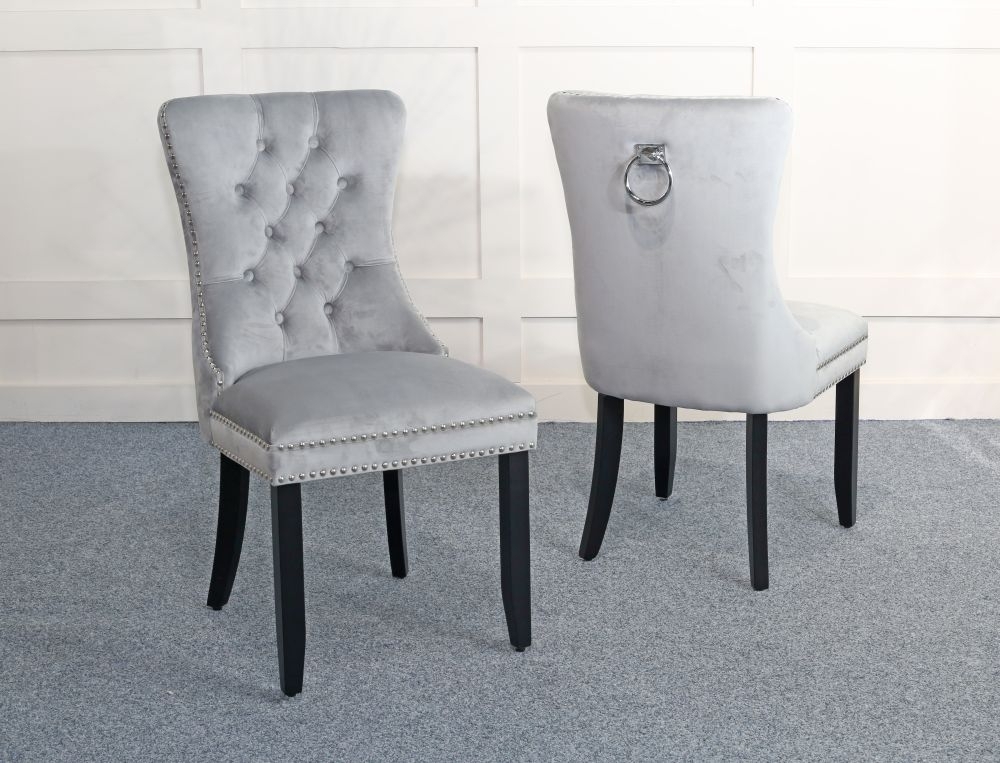 Product photograph of Set Of 4 Rivington Knocker Back Light Grey Velvet Fabric Dining Chair With Black Wooden Legs from Choice Furniture Superstore.