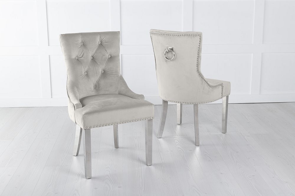 Product photograph of Set Of 4 Knocker Back Champagne Velvet Fabric Dining Chair With Chrome Legs from Choice Furniture Superstore.