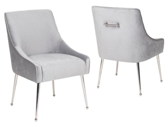 Product photograph of Set Of 4 Giovanni Light Grey Velvet Fabric Dining Chair With Back Handle And Chrome Legs from Choice Furniture Superstore.