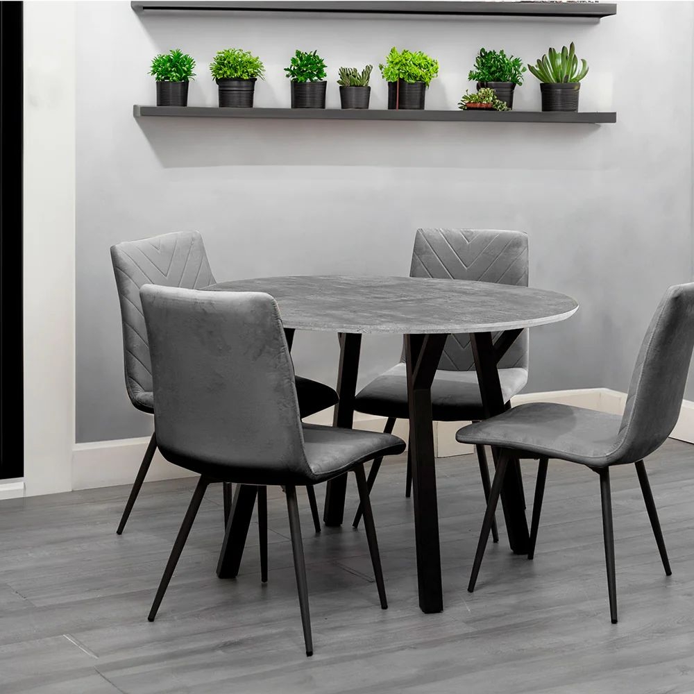 Product photograph of Gillis Concrete Effect Top 110cm Round Dining Table And 4 Velvet Fabric Chair from Choice Furniture Superstore.