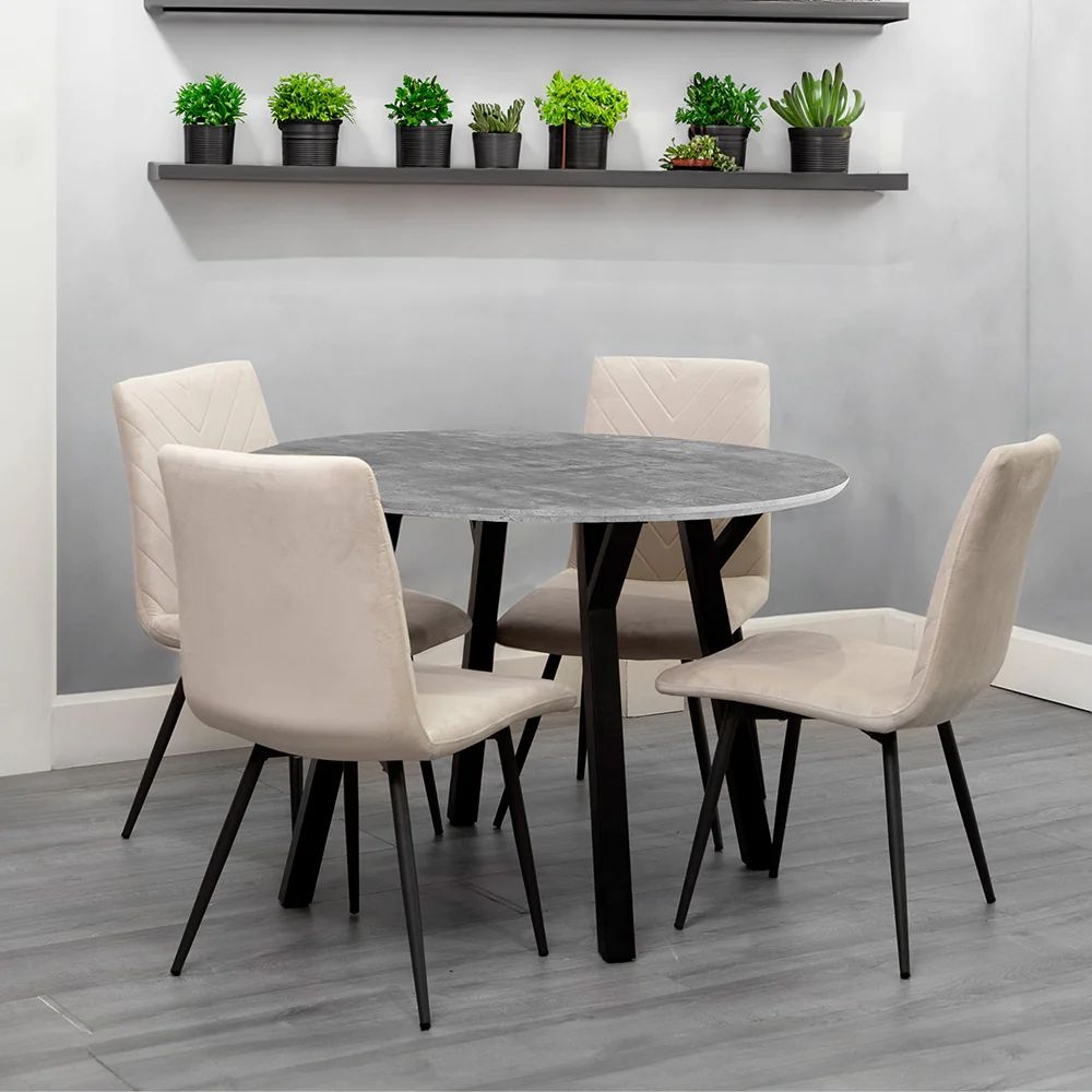 Product photograph of Gillis Concrete Effect Top 110cm Round Dining Table And 4 Velvet Fabric Chair In Natural from Choice Furniture Superstore.