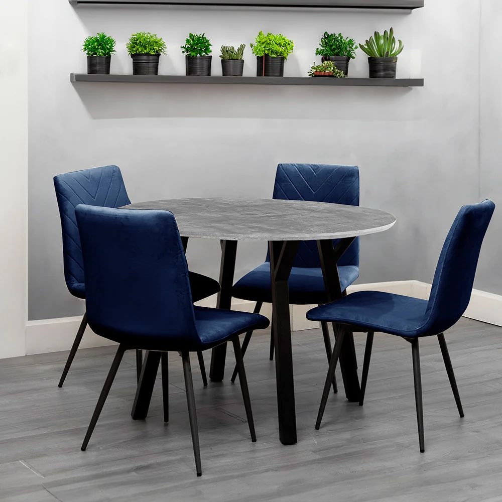 Product photograph of Gillis Concrete Effect Top 110cm Round Dining Table And 4 Velvet Fabric Chair In Blue from Choice Furniture Superstore.