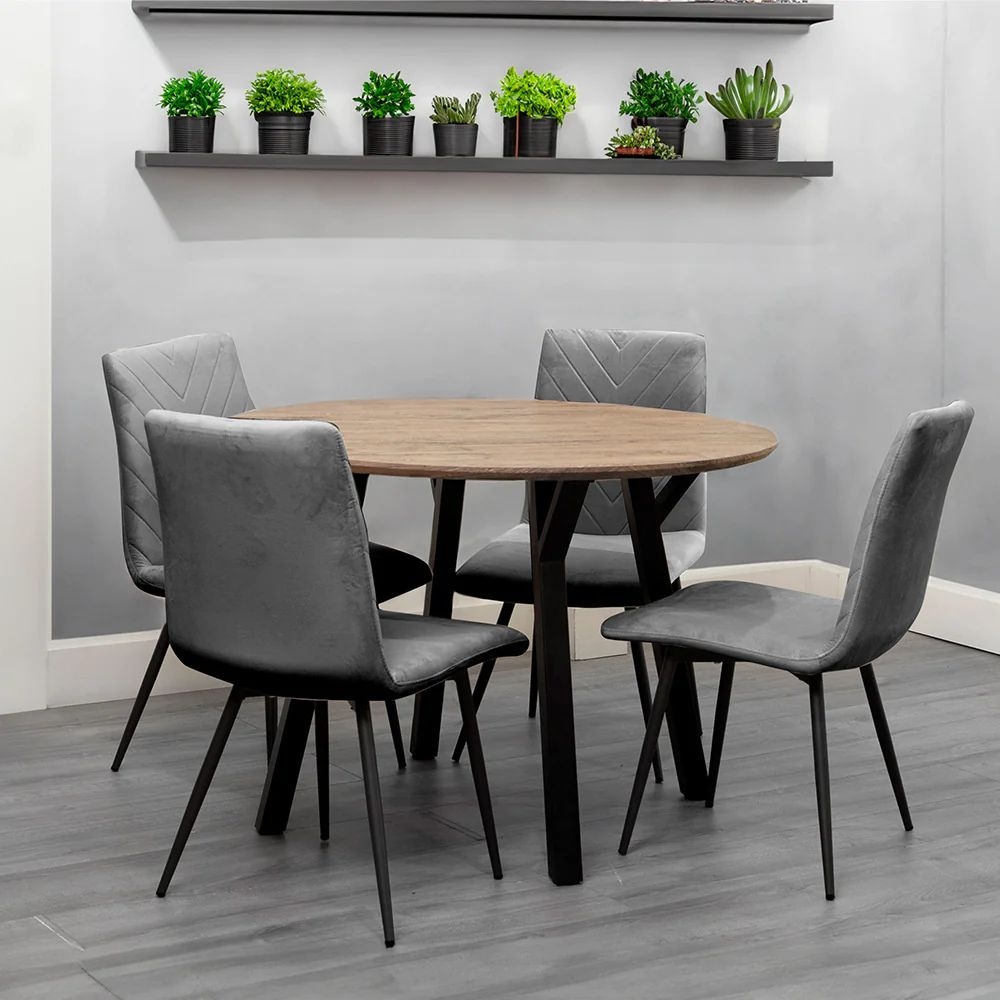 Product photograph of Gillis Oak Effect Top 110cm Round Dining Table And 4 Velvet Fabric Chair from Choice Furniture Superstore.