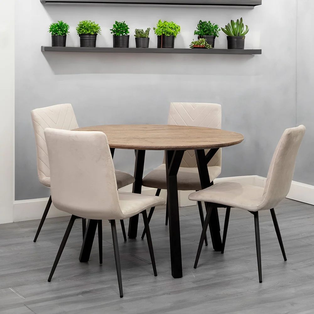 Product photograph of Gillis Oak Effect Top 110cm Round Dining Table And 4 Velvet Fabric Chair In Natural from Choice Furniture Superstore.