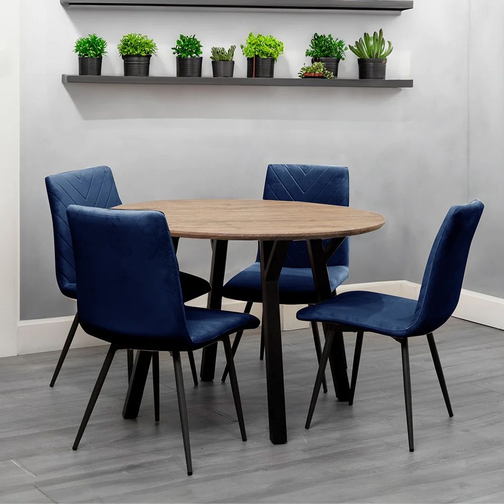 Product photograph of Gillis Oak Effect Top 110cm Round Dining Table And 4 Velvet Fabric Chair In Blue from Choice Furniture Superstore.