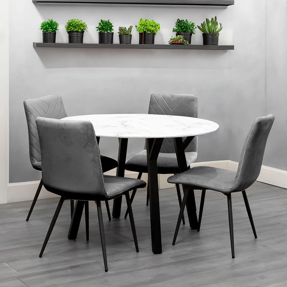 Product photograph of Gillis White Marble Effect Top 110cm Round Dining Table And 4 Velvet Fabric Chair from Choice Furniture Superstore.