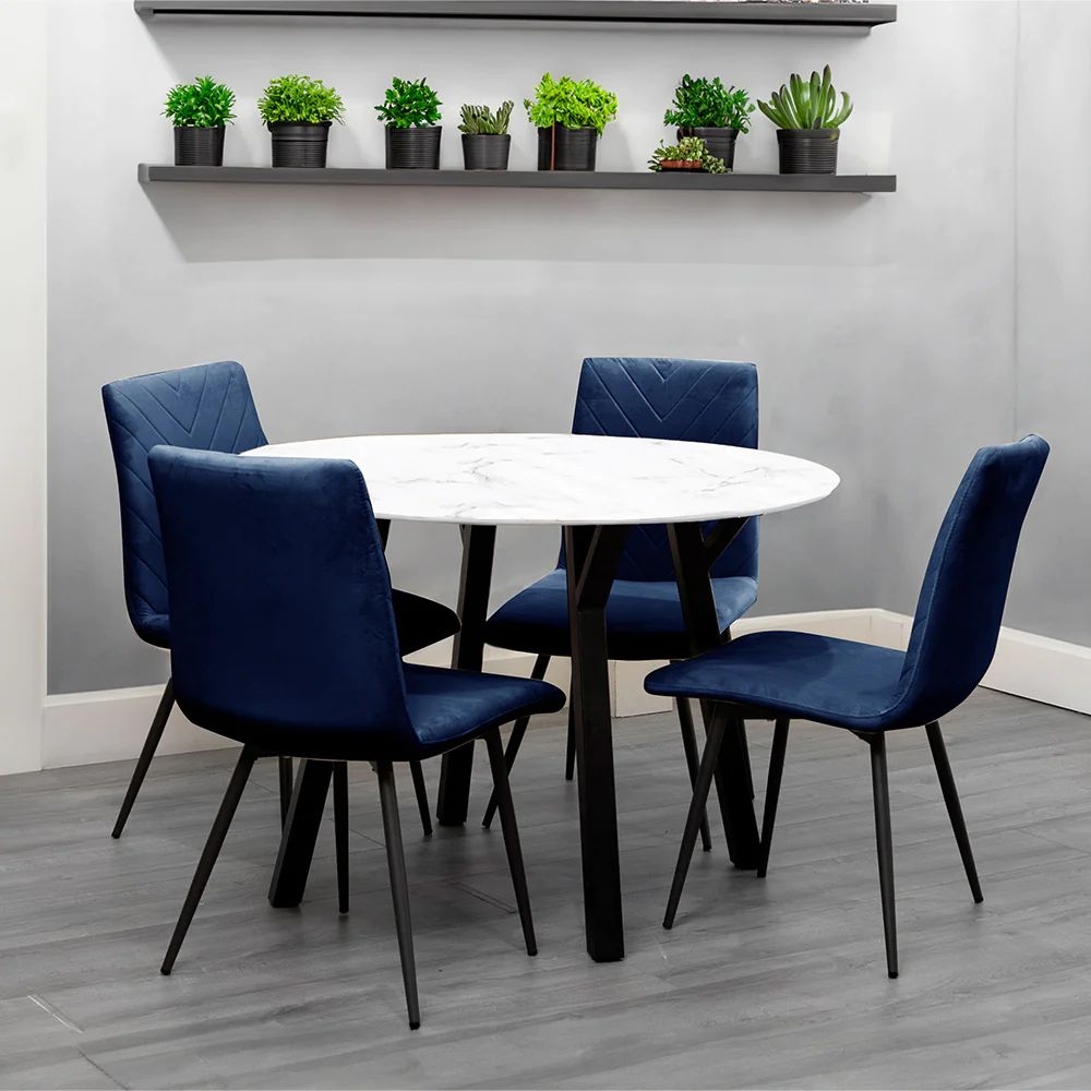 Product photograph of Gillis White Marble Effect Top 110cm Round Dining Table And 4 Velvet Fabric Chair In Blue from Choice Furniture Superstore.