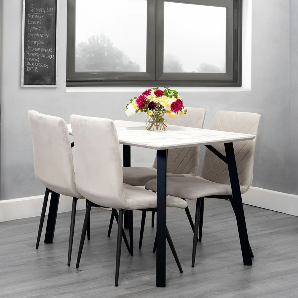 Product photograph of Killen White Marble Effect Top 120cm Dining Table And 4 Fabric Chair In Natural from Choice Furniture Superstore.