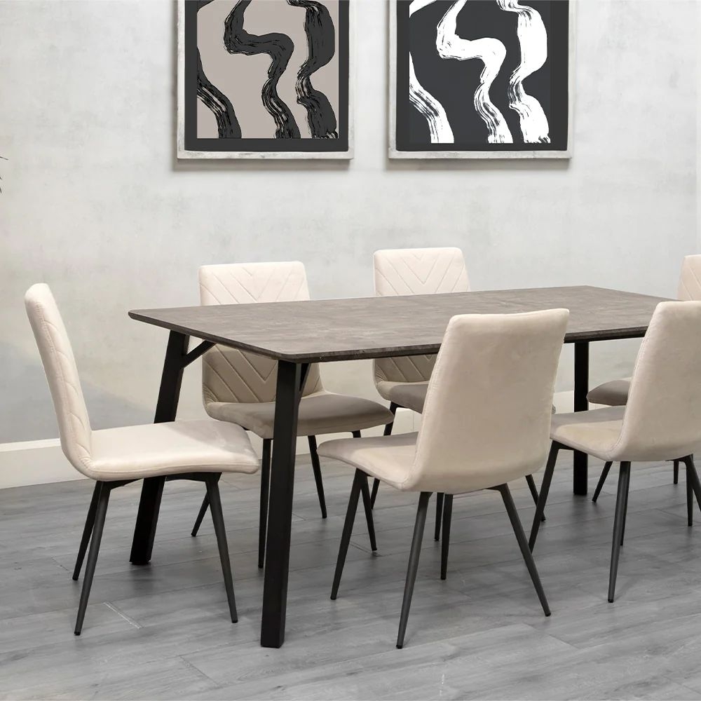 Product photograph of Tivoli Concrete Effect Top 180cm Dining Table And 6 Velvet Fabric Chair In Natural from Choice Furniture Superstore.