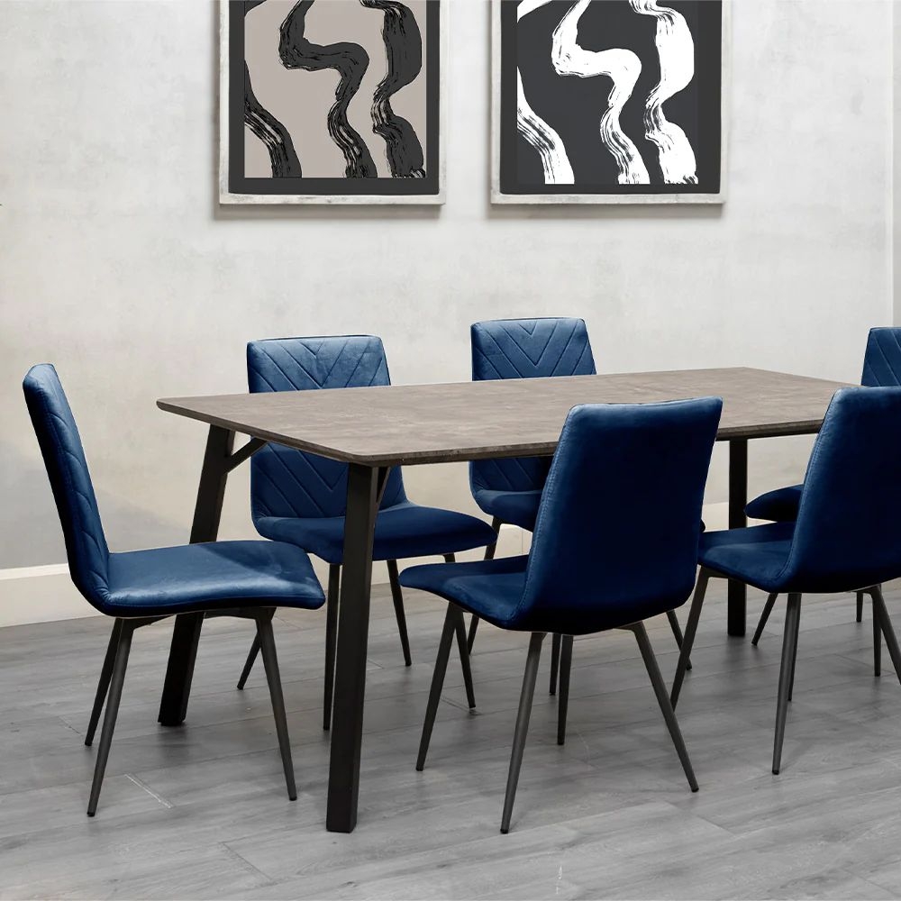 Product photograph of Tivoli Concrete Effect Top 180cm Dining Table And 6 Velvet Fabric Chair In Blue from Choice Furniture Superstore.