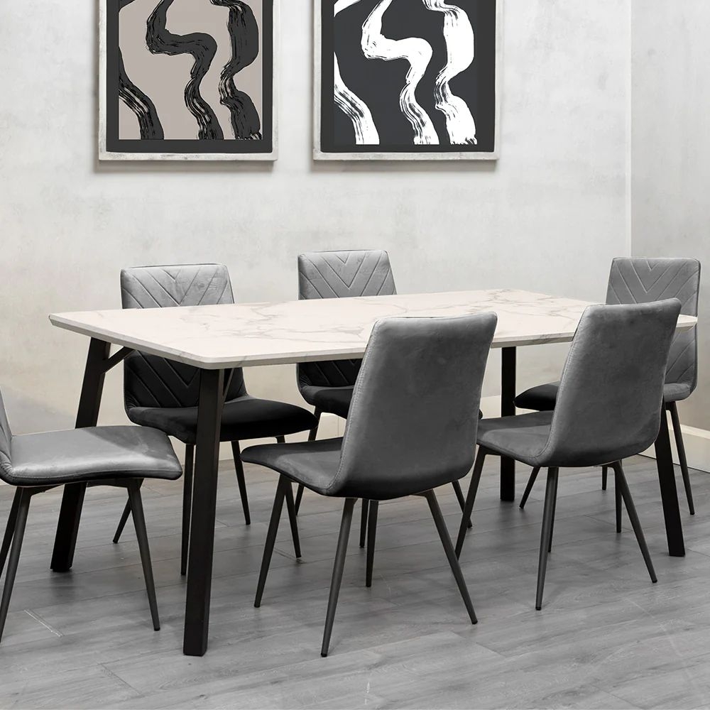 Product photograph of Tivoli White Marble Effect Top 180cm Dining Table And 6 Velvet Fabric Chair from Choice Furniture Superstore.