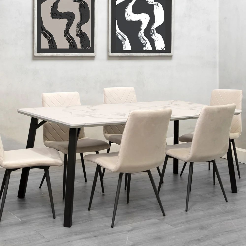 Product photograph of Tivoli White Marble Effect Top 180cm Dining Table And 6 Velvet Fabric Chair In Natural from Choice Furniture Superstore.