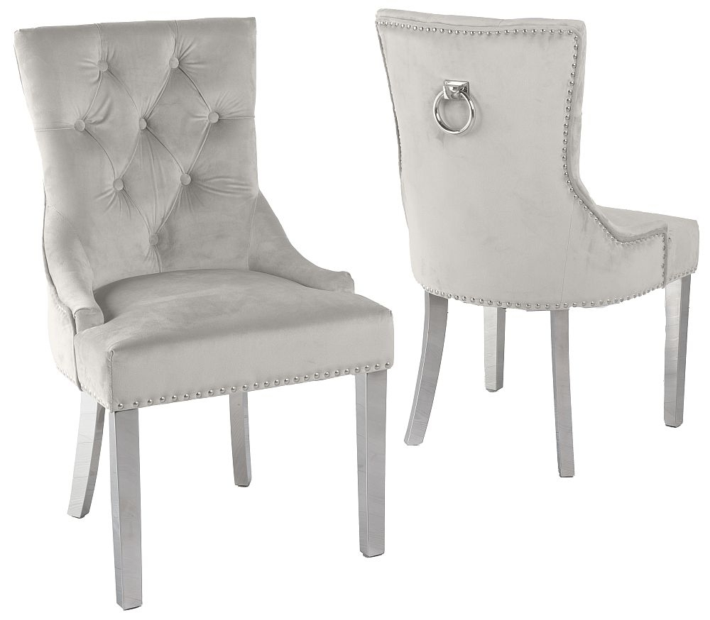 Product photograph of 2 X Knocker Back Champagne Velvet Fabric Dining Chair With Chrome Legs from Choice Furniture Superstore.