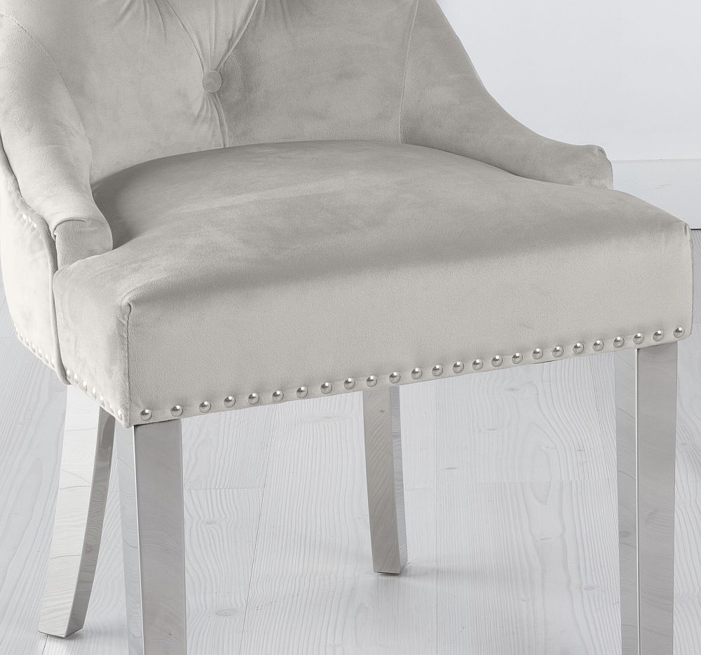 Product photograph of 2 X Knocker Back Champagne Velvet Fabric Dining Chair With Chrome Legs from Choice Furniture Superstore.