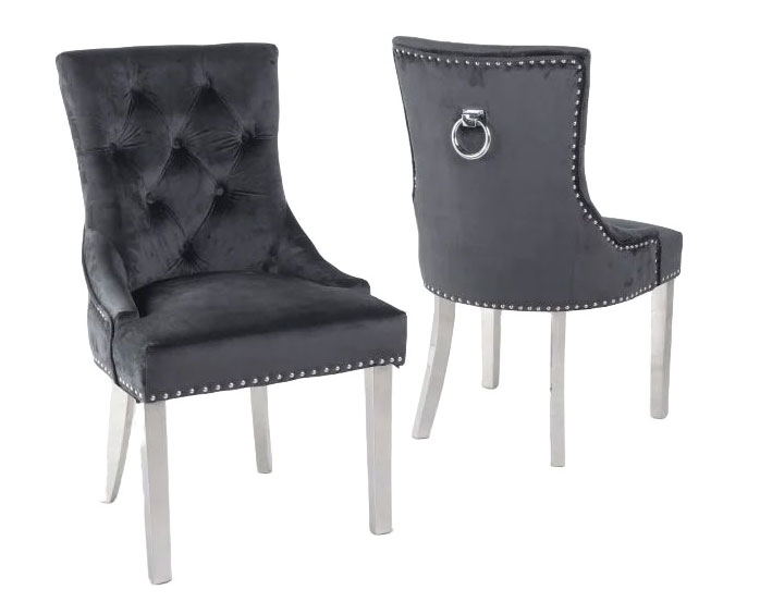 Product photograph of Set Of 2 Knocker Back Black Velvet Fabric Dining Chair With Chrome Legs from Choice Furniture Superstore.