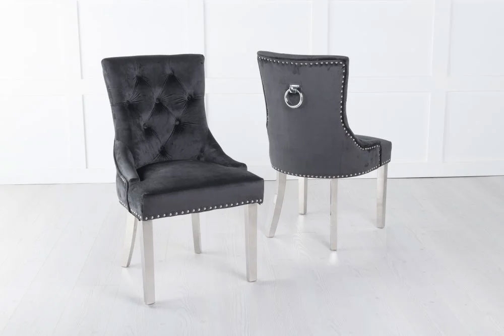 Product photograph of Set Of 2 Knocker Back Black Velvet Fabric Dining Chair With Chrome Legs from Choice Furniture Superstore.