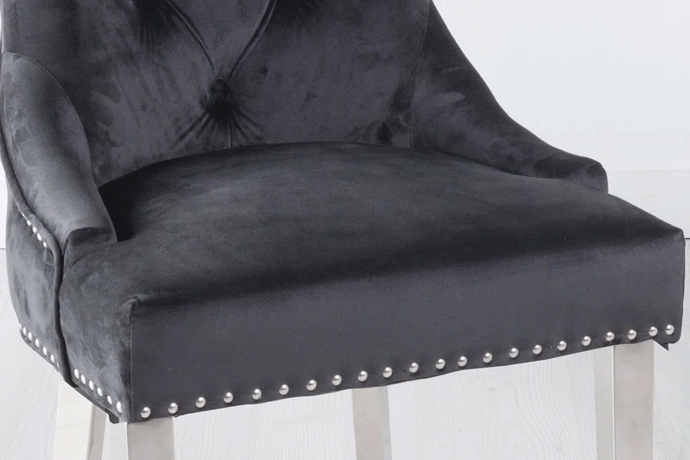 Product photograph of Set Of 2 Knocker Back Black Velvet Fabric Dining Chair With Chrome Legs from Choice Furniture Superstore.