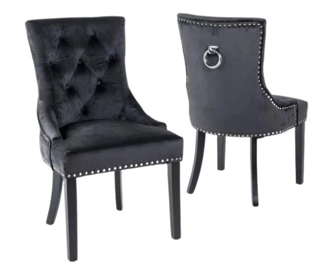 Product photograph of Set Of 2 Knocker Back Black Velvet Fabric Dining Chair With Black Wooden Legs from Choice Furniture Superstore.