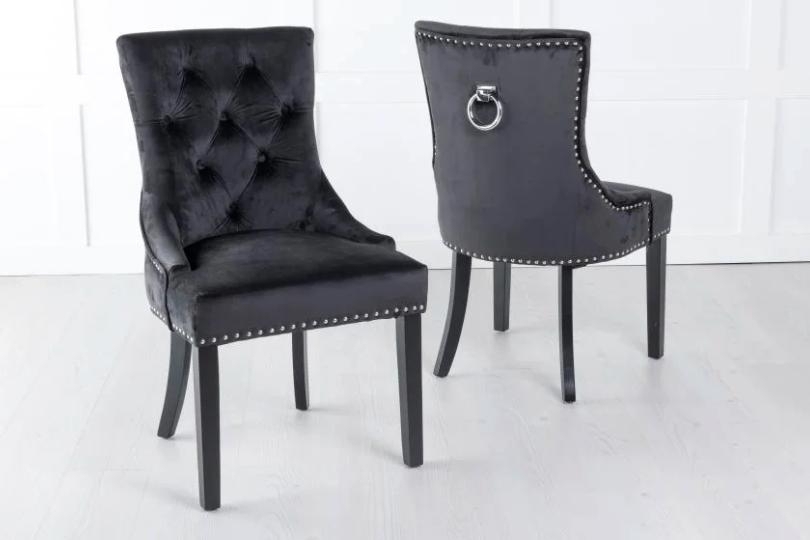 Product photograph of Set Of 2 Knocker Back Black Velvet Fabric Dining Chair With Black Wooden Legs from Choice Furniture Superstore.