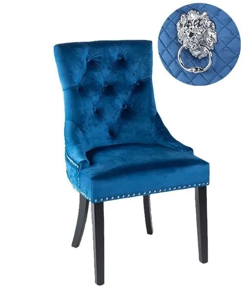 Product photograph of Set Of 2 Lion Knocker Back Blue Velvet Fabric Dining Chair With Black Wooden Legs from Choice Furniture Superstore.