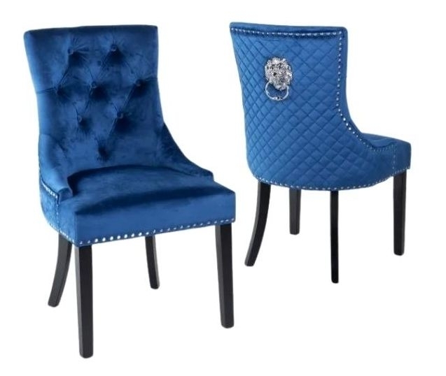 Product photograph of Set Of 2 Lion Knocker Back Blue Velvet Fabric Dining Chair With Black Wooden Legs from Choice Furniture Superstore.