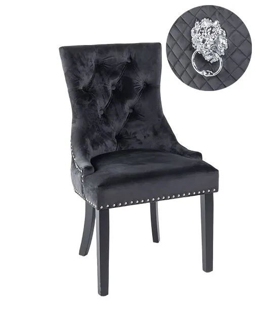 Product photograph of Set Of 2 Lion Knocker Back Black Velvet Fabric Dining Chair With Black Wooden Legs from Choice Furniture Superstore.