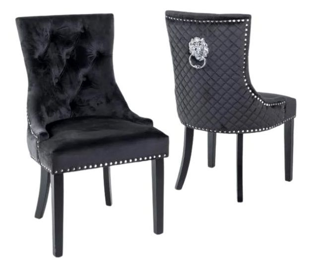 Product photograph of Set Of 2 Lion Knocker Back Black Velvet Fabric Dining Chair With Black Wooden Legs from Choice Furniture Superstore.