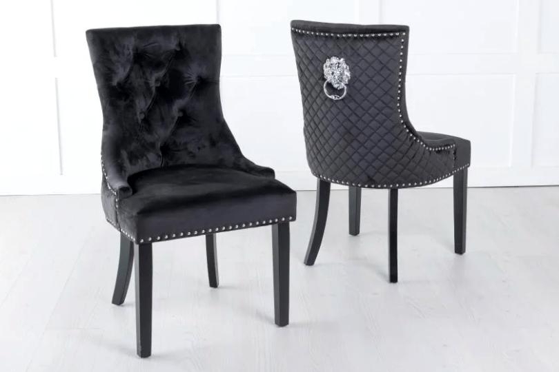 Product photograph of Set Of 2 Lion Knocker Back Black Velvet Fabric Dining Chair With Black Wooden Legs from Choice Furniture Superstore.