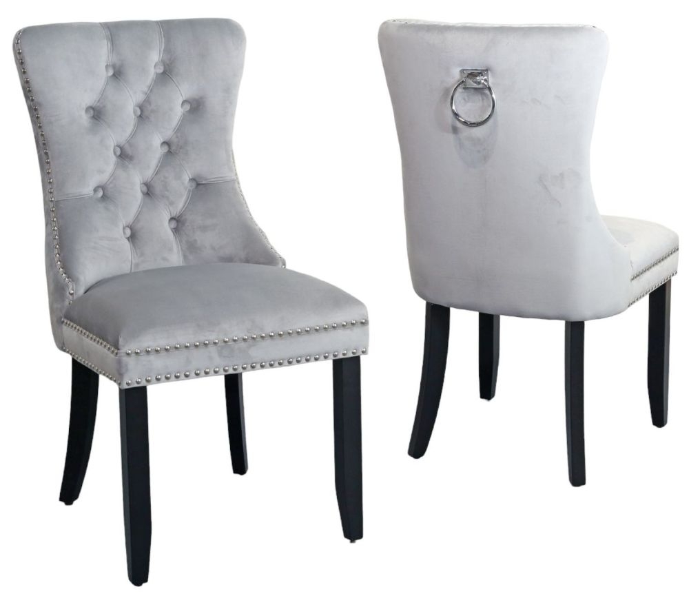 Product photograph of Set Of 2 Rivington Knocker Back Light Grey Velvet Fabric Dining Chair With Black Wooden Legs from Choice Furniture Superstore.