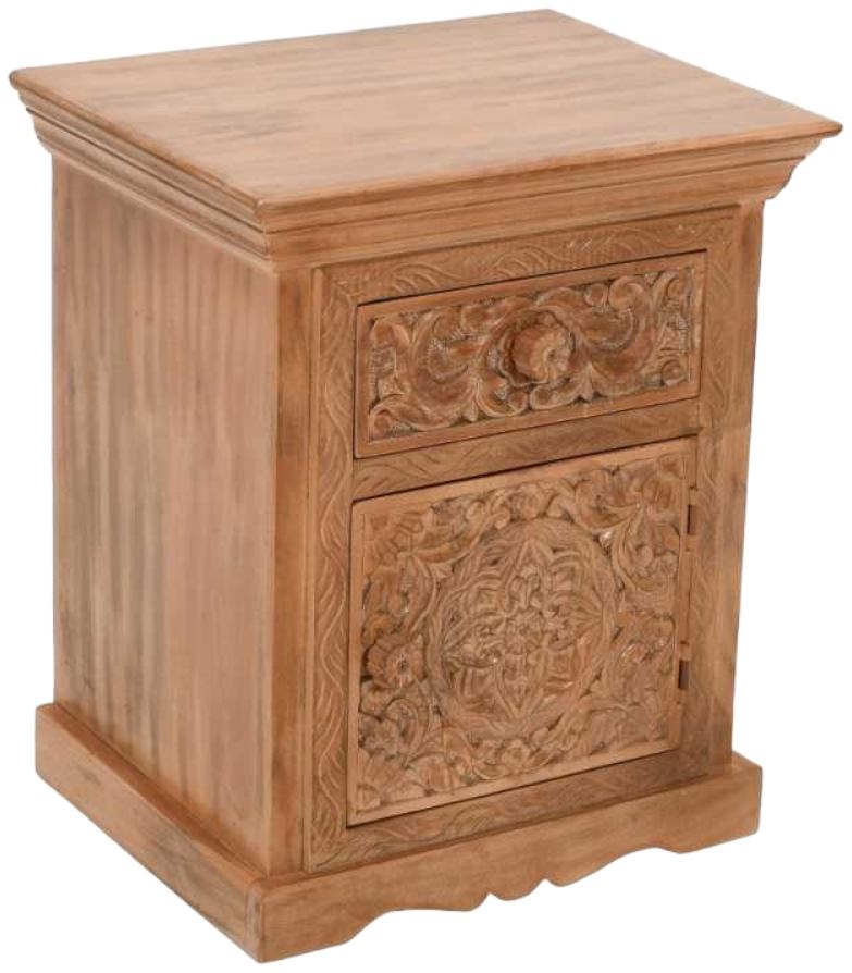 Product photograph of Carved Mango Wood Bedside Table from Choice Furniture Superstore.