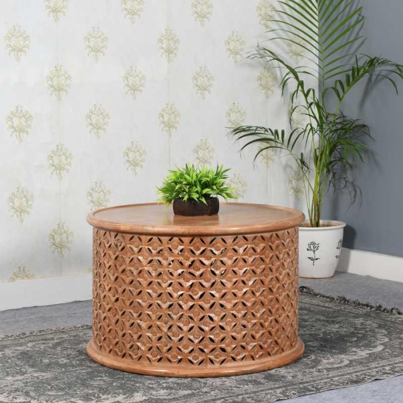 Product photograph of Carved Mango Wood Round Coffee Table from Choice Furniture Superstore.