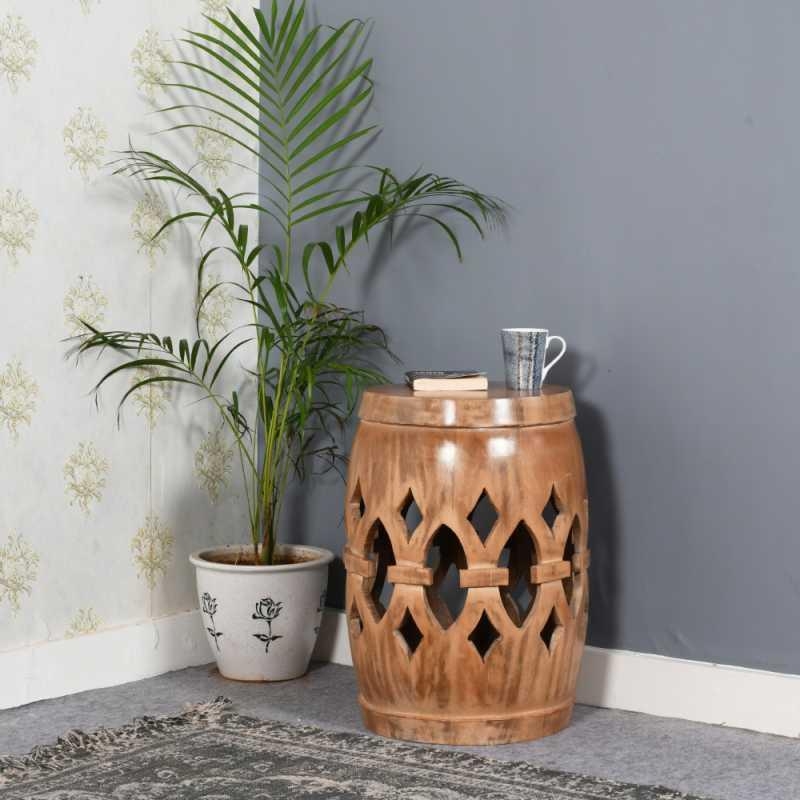 Product photograph of Carved Mango Wood Drum Side Table from Choice Furniture Superstore.