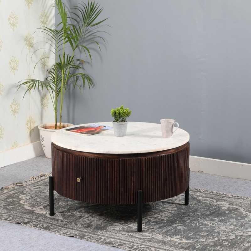 Product photograph of Opal Brown Round Fluted Marble Top 1 Drawer Coffee Table from Choice Furniture Superstore.