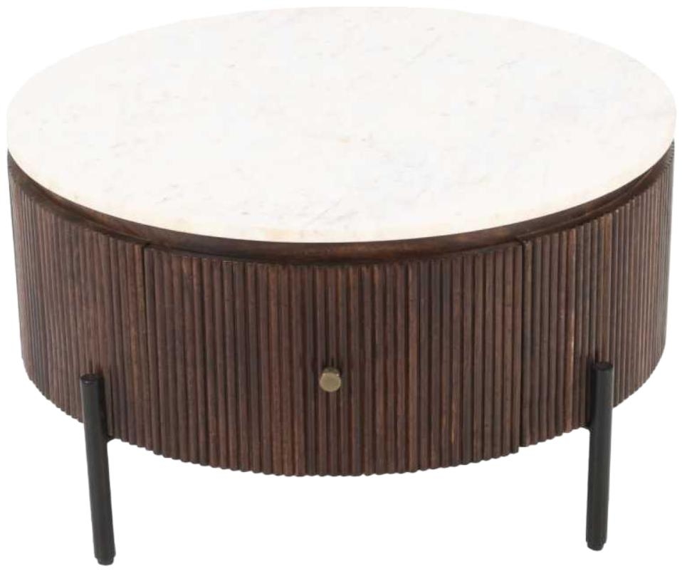 Product photograph of Opal Brown Round Fluted Marble Top 1 Drawer Coffee Table from Choice Furniture Superstore.