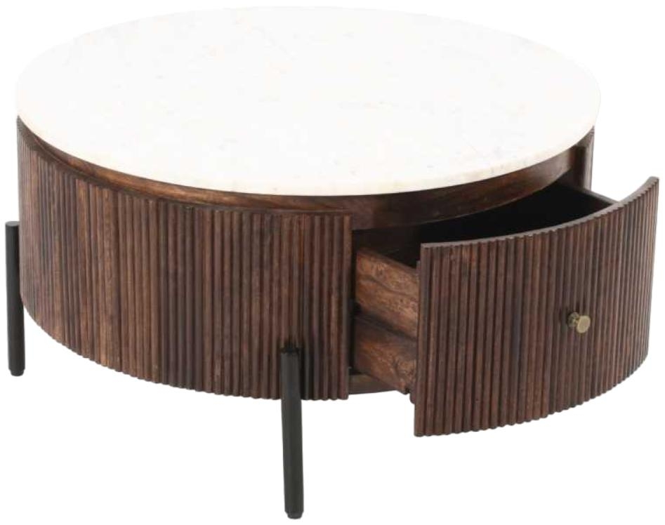 Product photograph of Opal Brown Round Fluted Marble Top 1 Drawer Coffee Table from Choice Furniture Superstore.