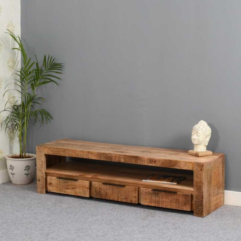 Product photograph of Surrey Brown Mango Wood 3 Drawer Large Tv Cabinet Upto 59inch from Choice Furniture Superstore.