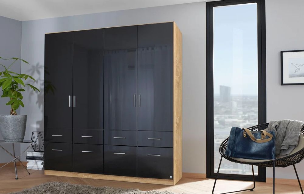 Product photograph of Rauch Celle 4 Door Charcoal Black And Oak Combi Wardrobe - 181cm from Choice Furniture Superstore.